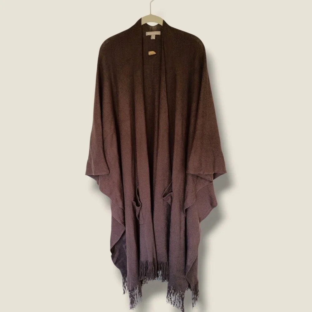 Woman Within Brown Open Front Fringe Hem Poncho Cape Pockets Oversized Cabincore